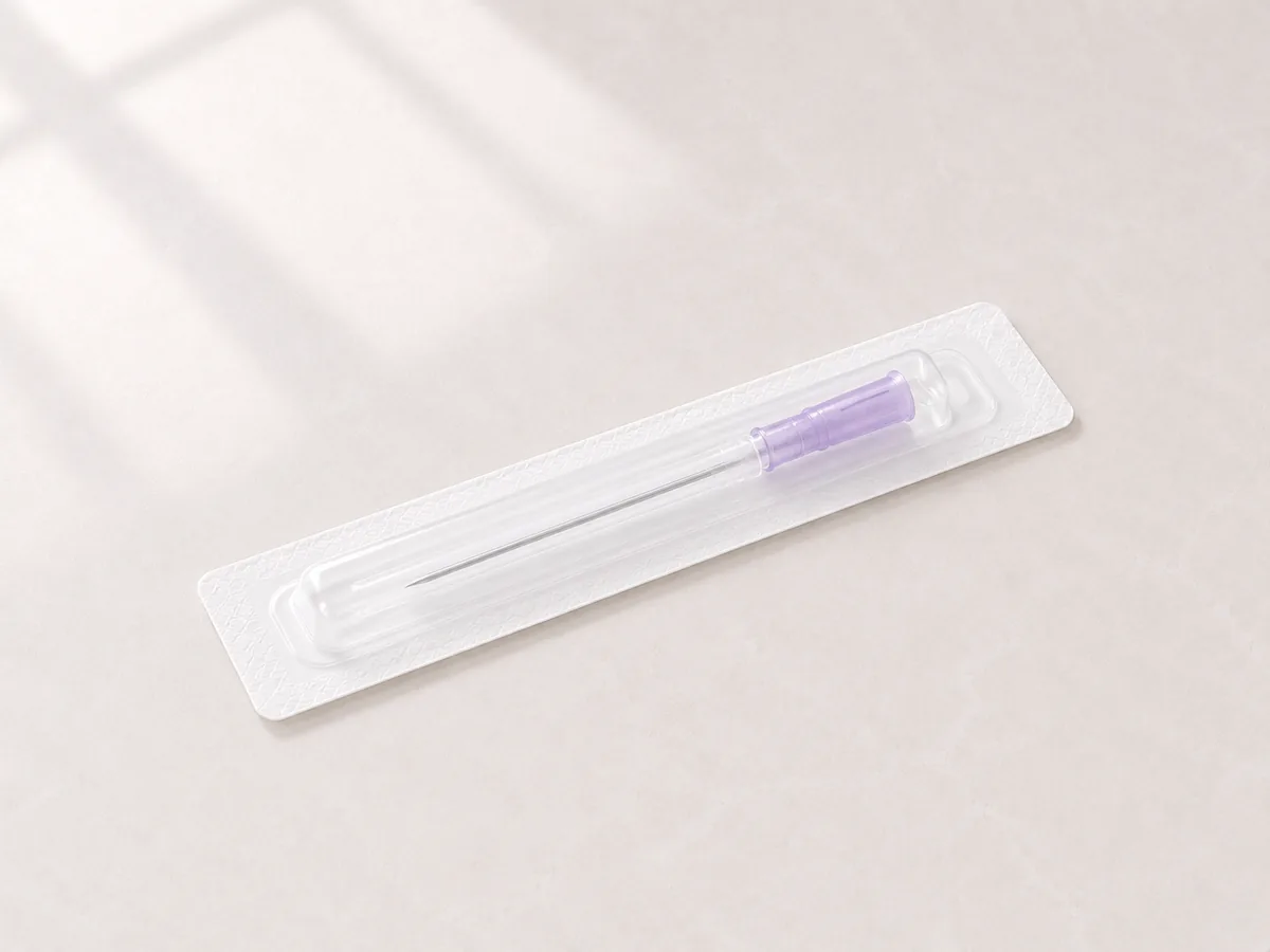 A biopsy needle in a sealed sterile pack - the needle route tried before a surgical biopsy is considered