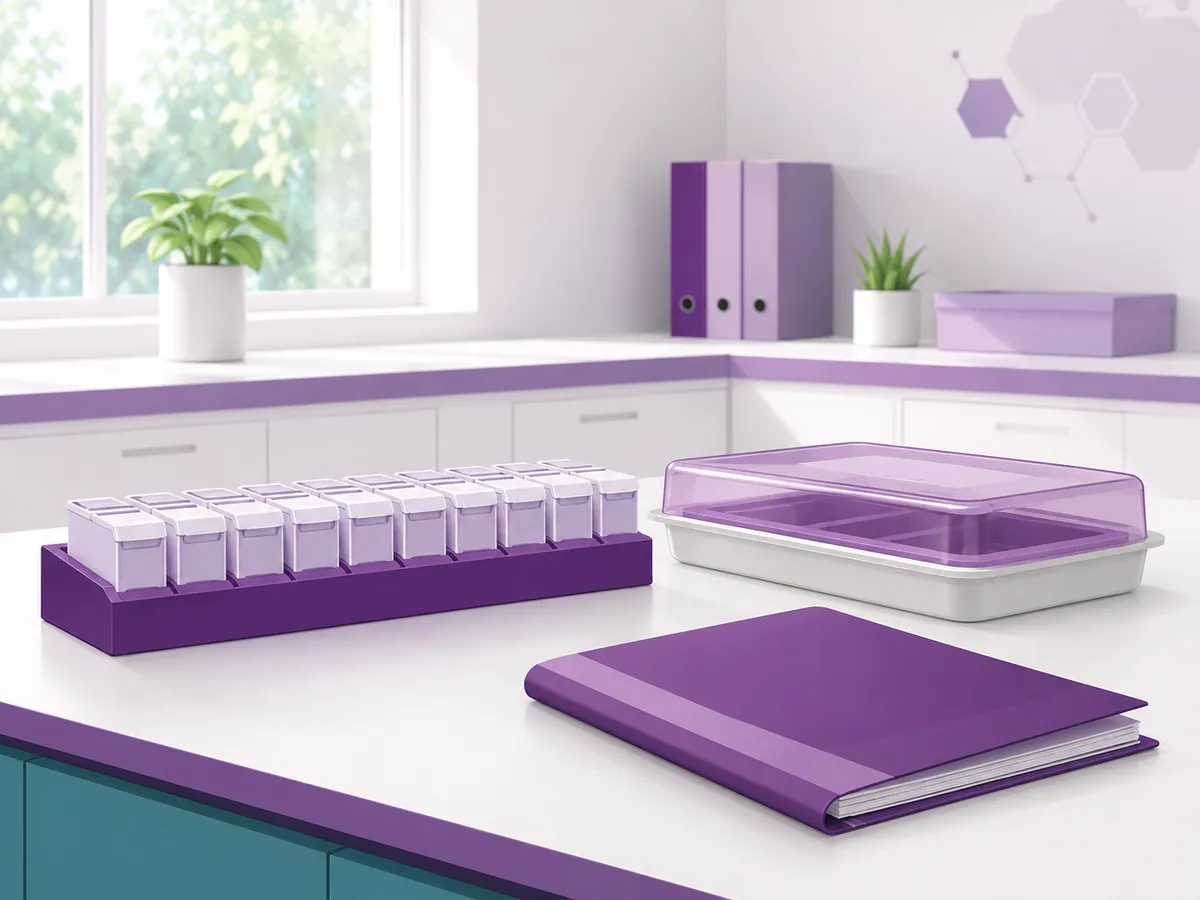 Sample storage trays and a lab folder on a bench, where samples taken during a biopsy are logged before processing