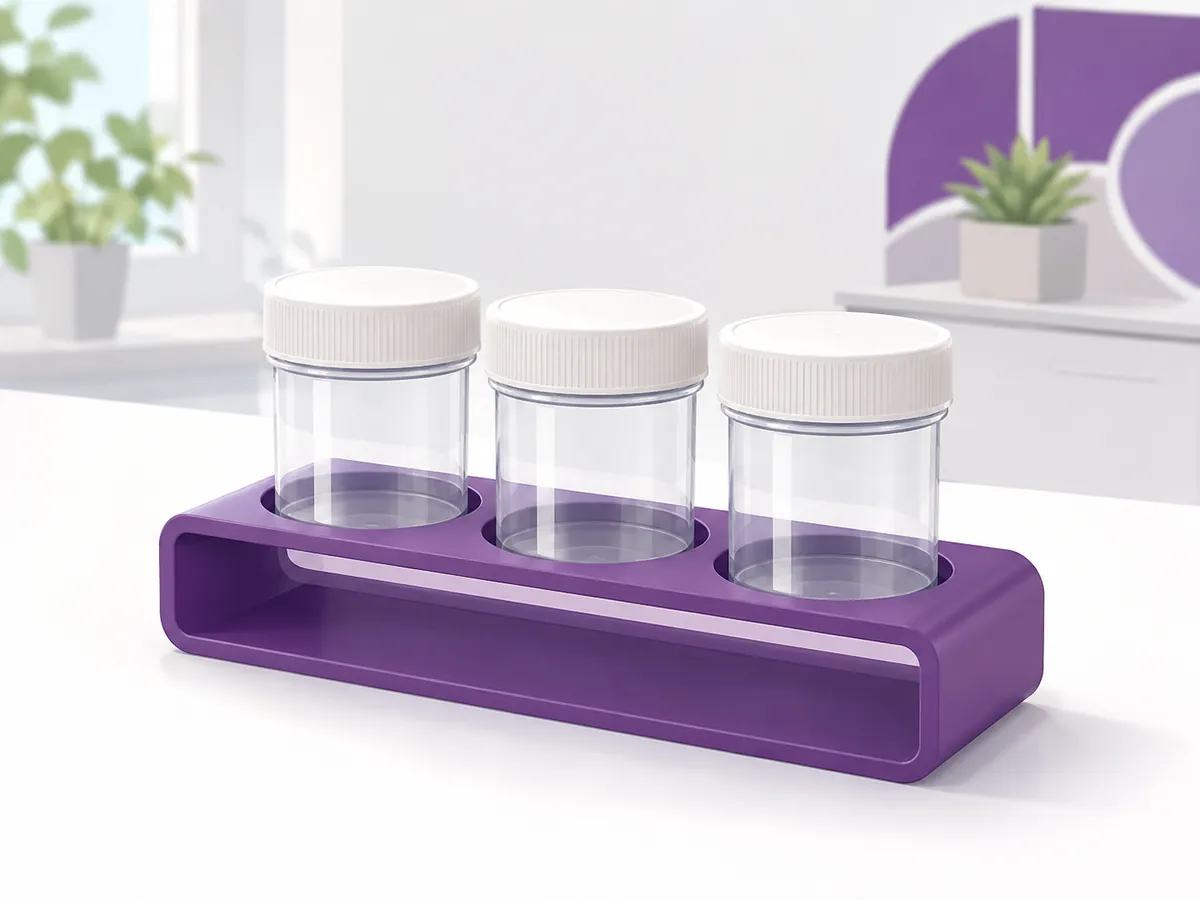 Three sterile specimen containers with screw caps in a holder, used to keep the separate samples taken during a TRUS-guided biopsy for the lab