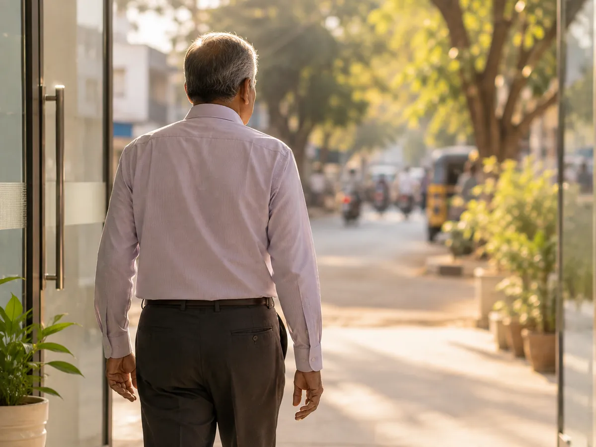 A man seen from behind walking away from a clinic entrance onto a tree-lined street, heading home after a same-day procedure