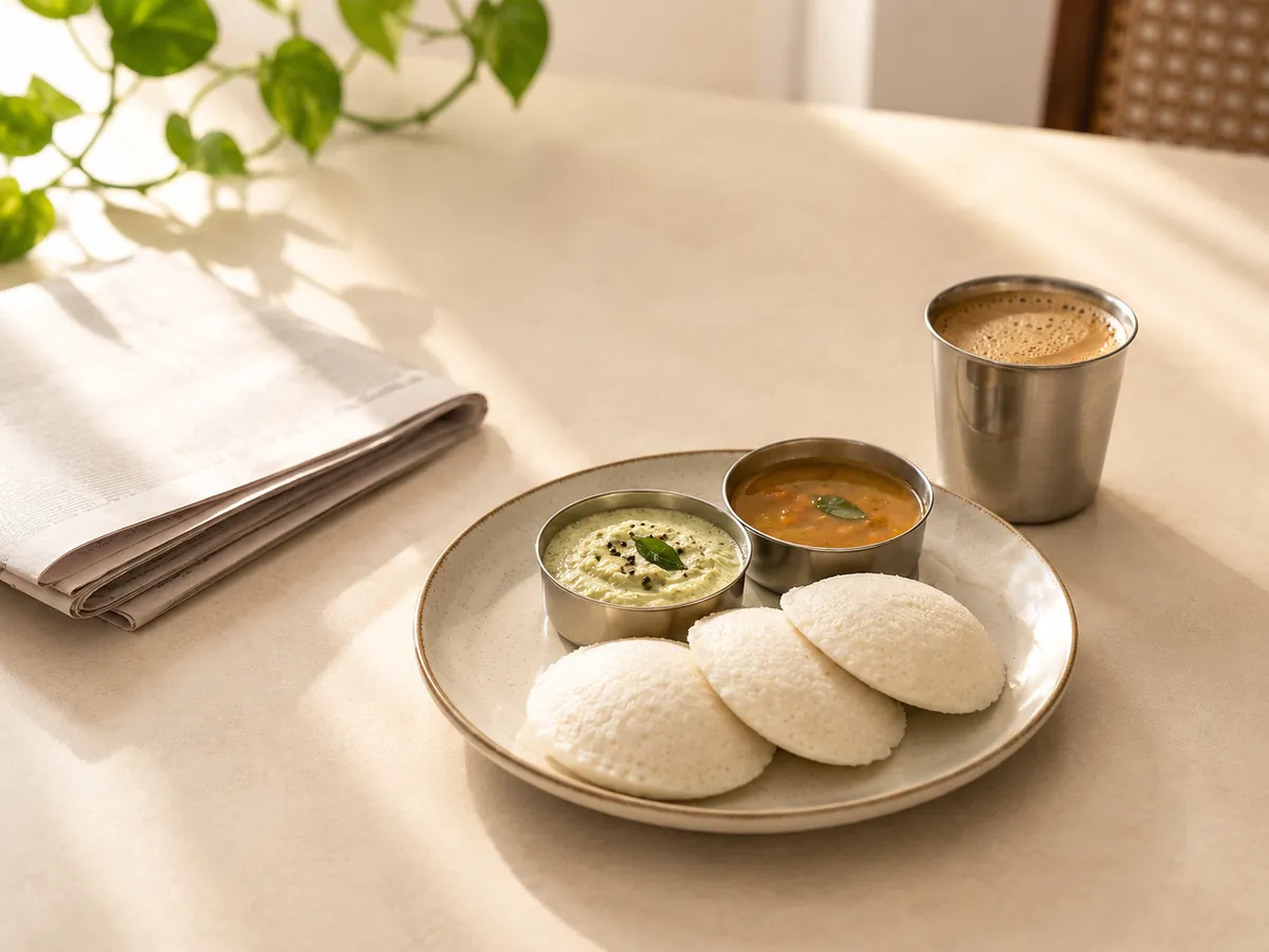 A plate of idli with chutney and sambar beside a cup of filter coffee and a folded newspaper on a breakfast table, an everyday morning unrelated to how someone feels physically