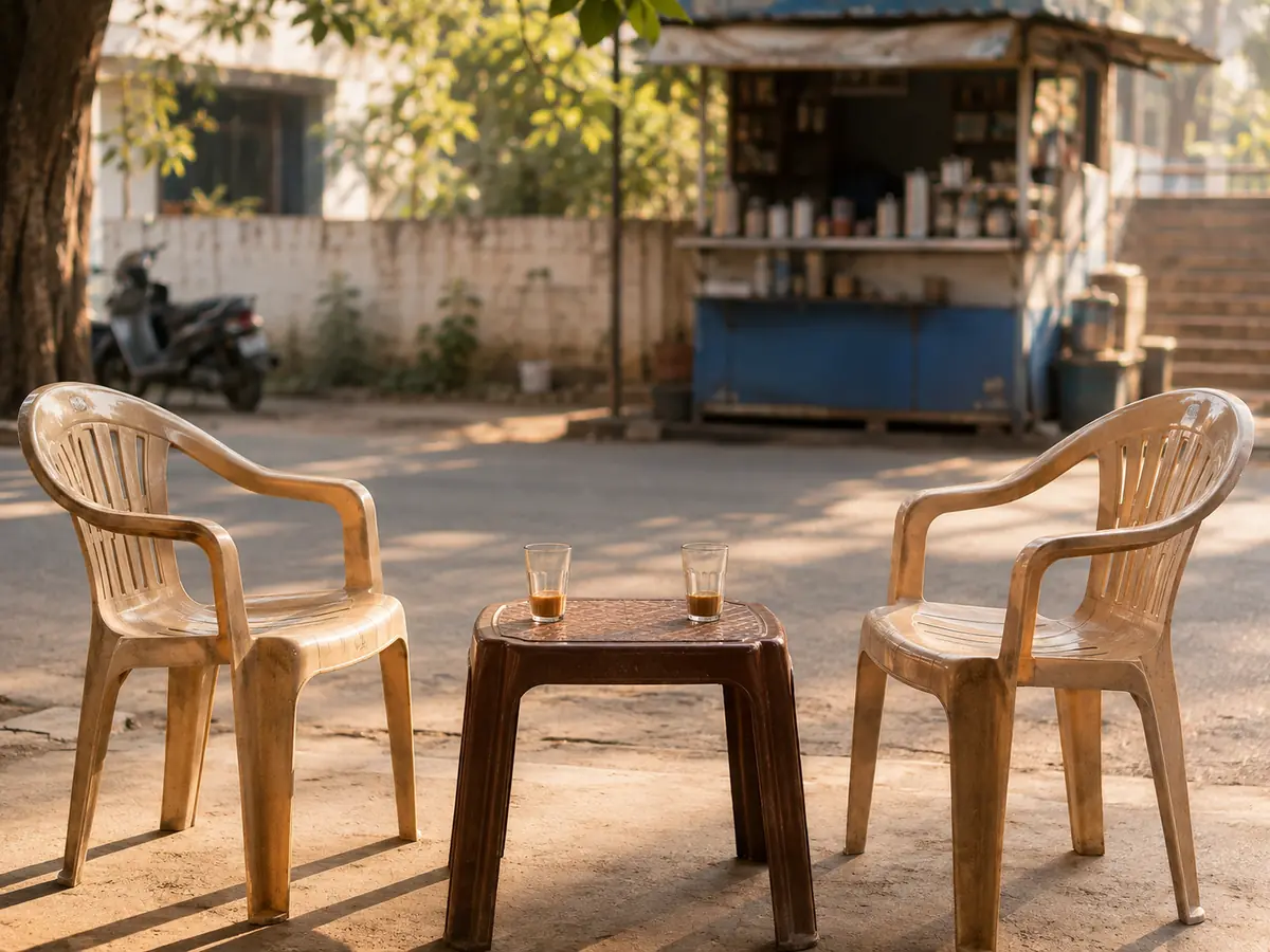 Two empty chairs and a small table with two glasses of tea at a roadside stall, the kind of place where secondhand stories about a medical test get passed along