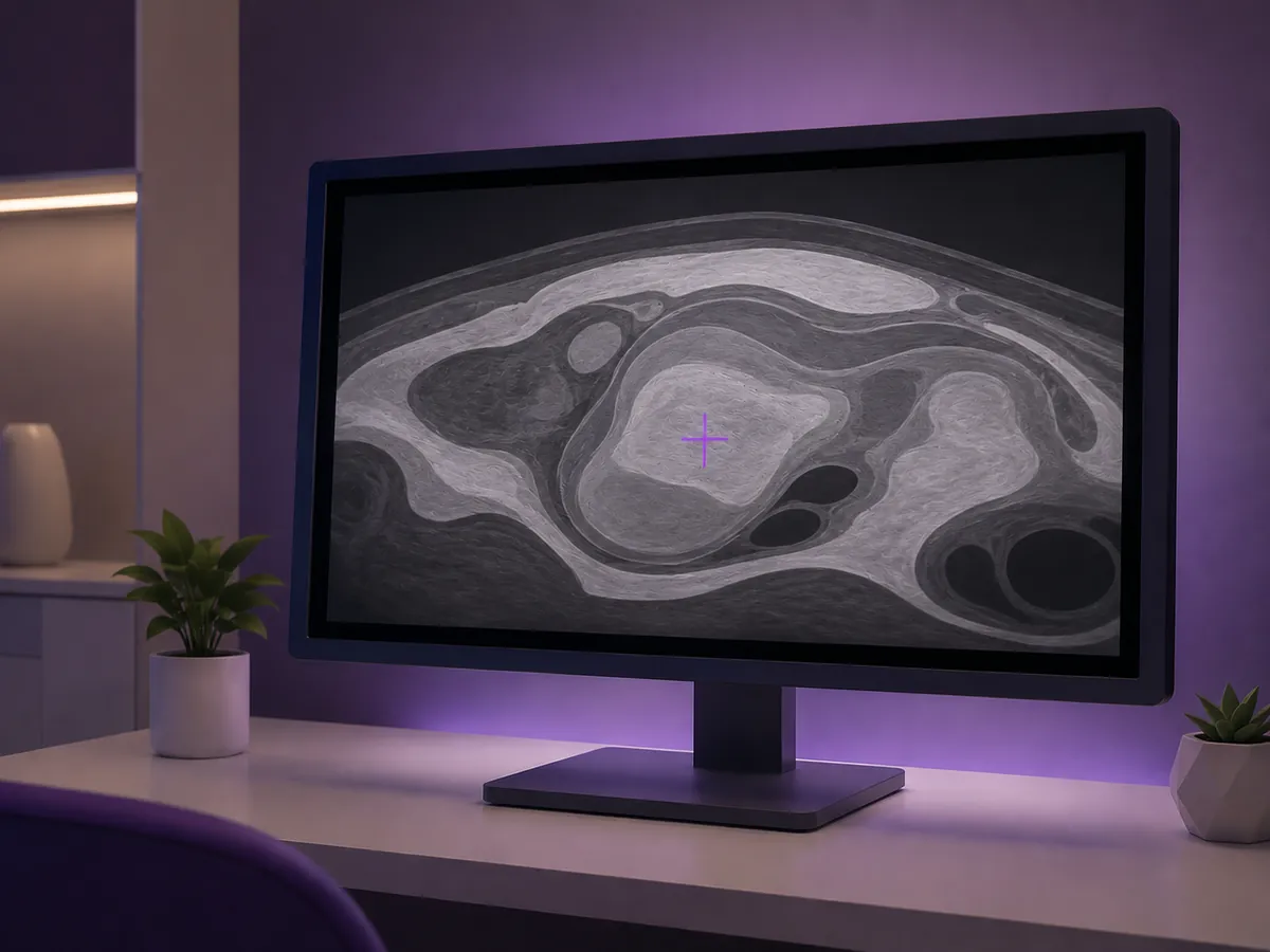 A greyscale scan image on a monitor with a marker over one area, showing how a scan can point to where a sample should be taken from