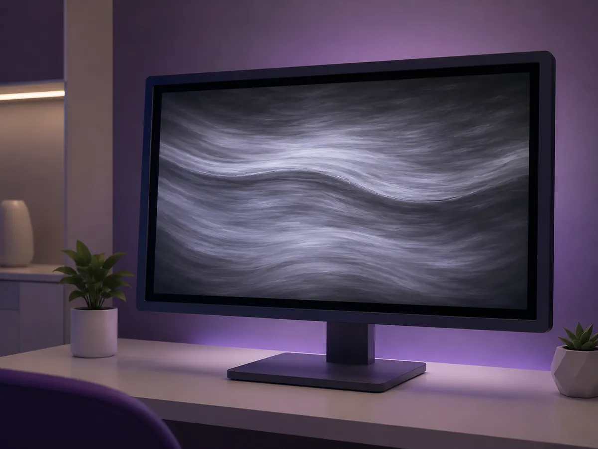An abstract greyscale scan image displayed on a monitor in a reading room, representing the scan reviewed before deciding whether a biopsy is needed