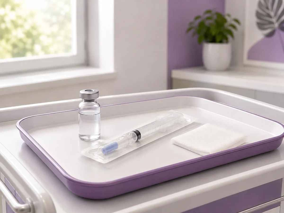 A vial of local anaesthetic with a syringe and sterile gauze on a tray, the numbing medicine used before a TRUS-guided biopsy