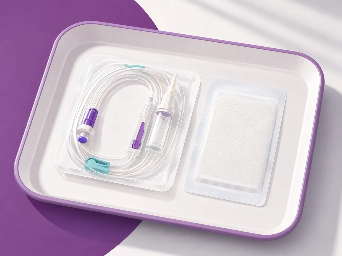 A sterile procedure tray with a cannula set and a gauze dressing, prepared ahead of a guided biopsy