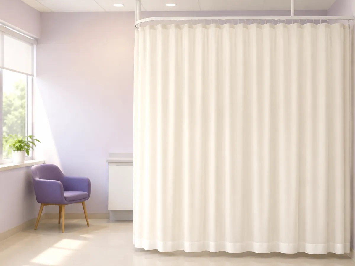 An examination bed screened off by a drawn privacy curtain in a CION consulting room, with a chair and window to one side