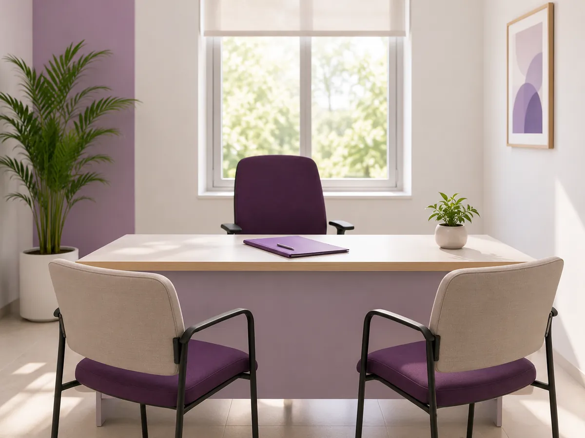 An empty consultation desk with two chairs at a CION centre in Hyderabad, where the results of a scan are discussed and a biopsy is planned
