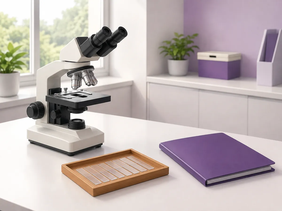 A microscope beside a tray of glass slides and a lab folder on a bench, where a pathologist reads the samples taken during a biopsy
