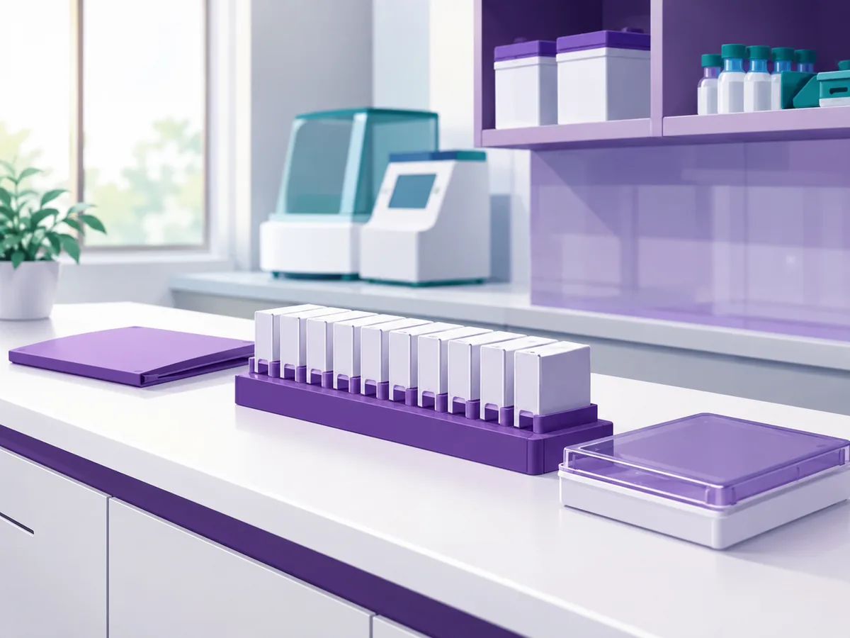Slide racks and cassette trays on a pathology bench, where a biopsy sample is processed