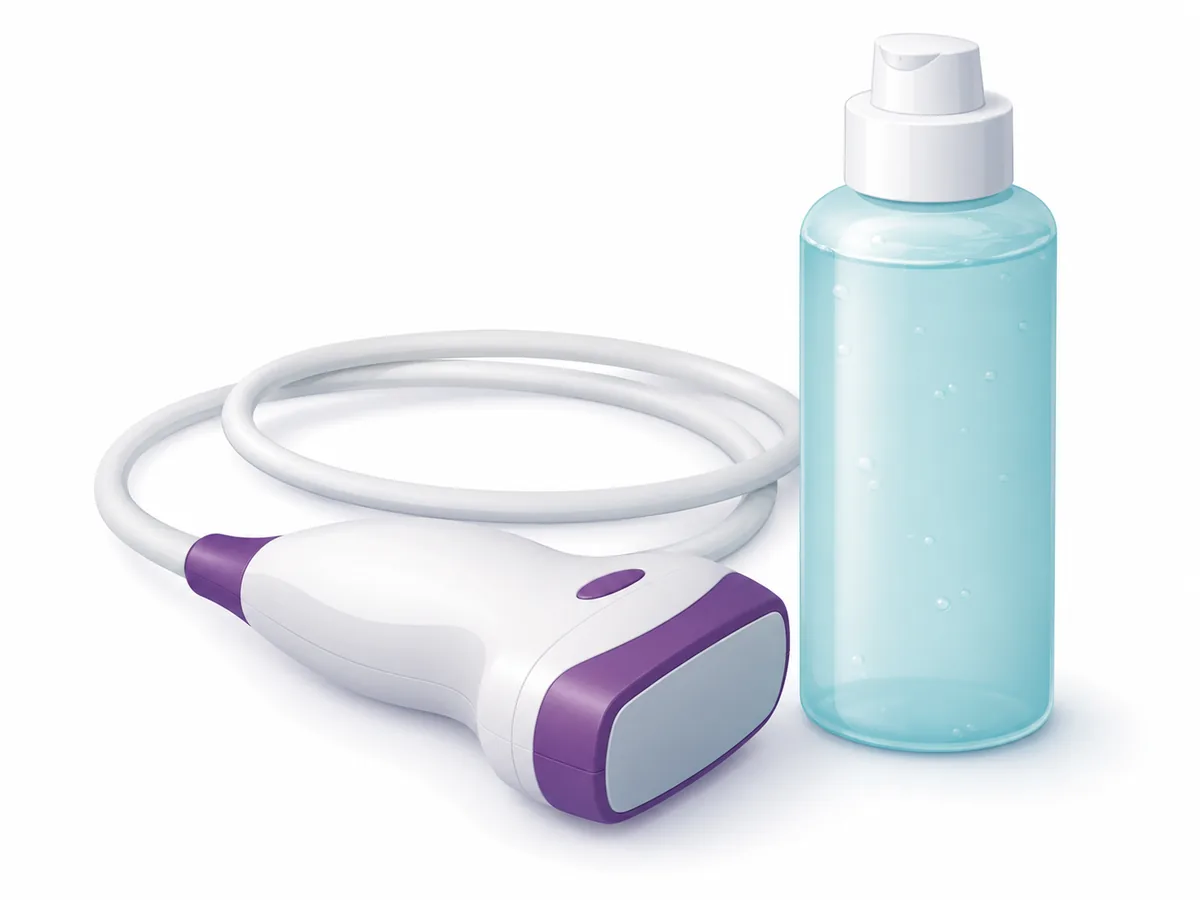 An ultrasound probe and a bottle of scanning gel, the equipment used to find a lump before a biopsy