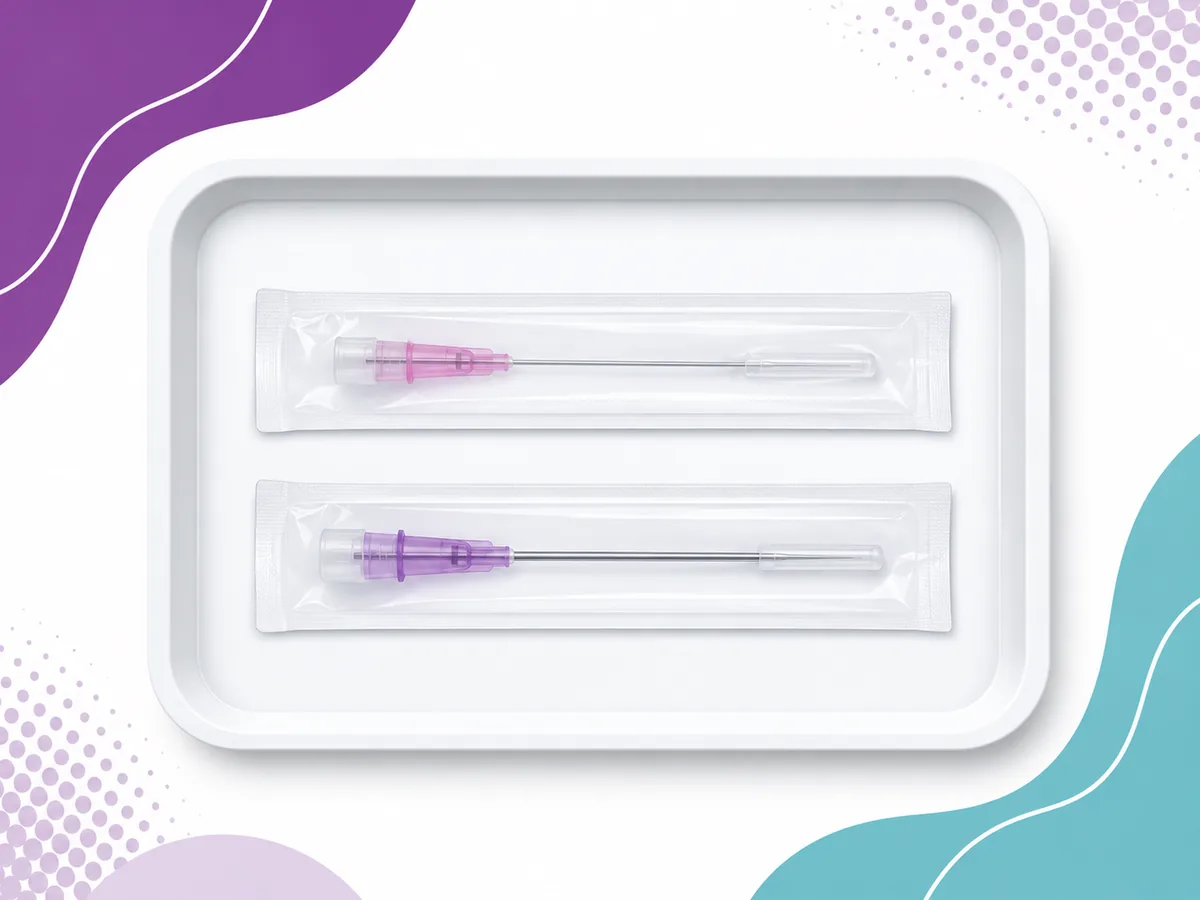 Two biopsy needles in a sterile tray - the fine needle that takes cells and the core needle that takes tissue