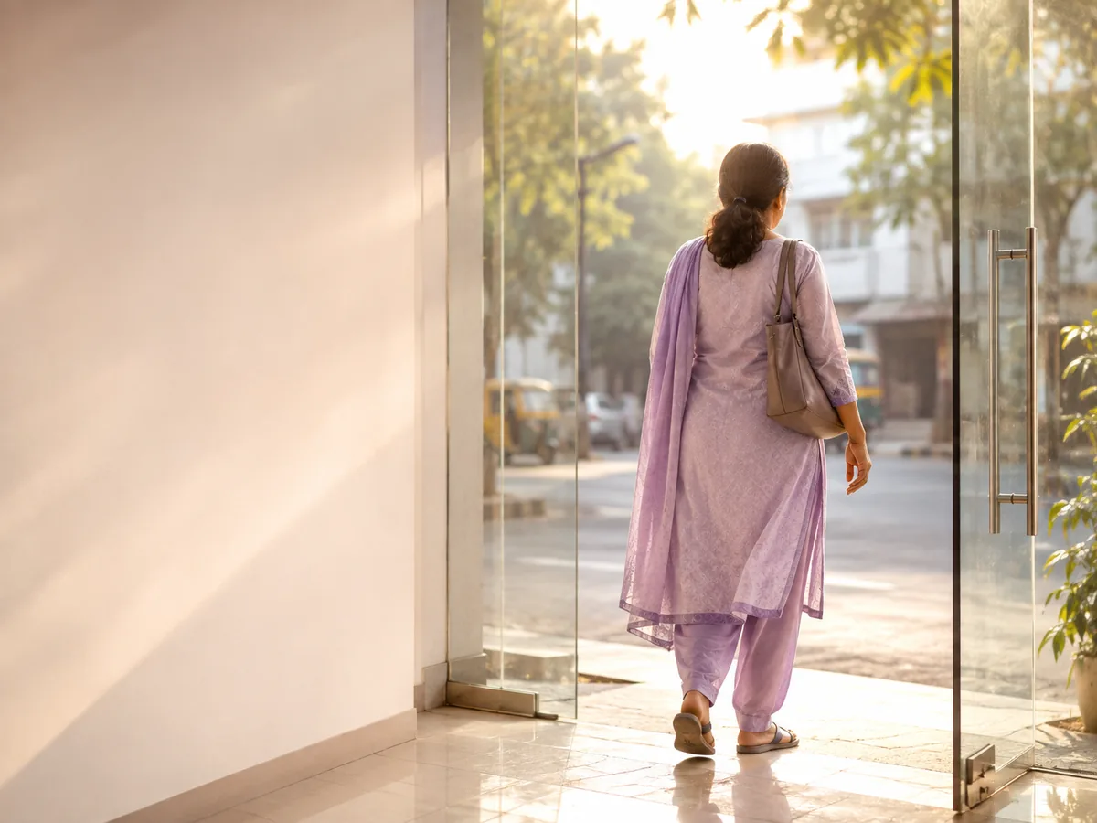 A woman leaving a CION centre in Hyderabad the same day, after a day-care ultrasound-guided biopsy