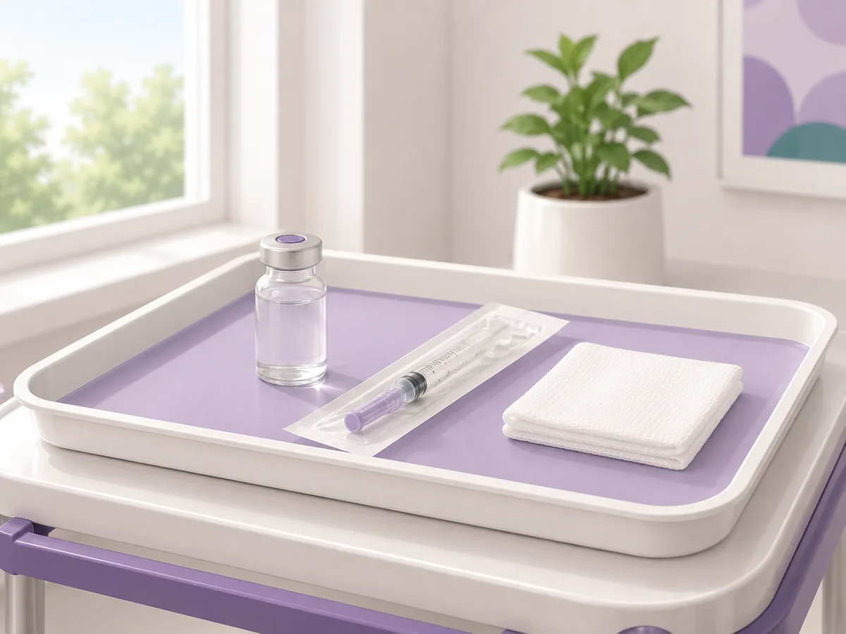 A procedure trolley with numbing medicine, a syringe and a dressing ready for a scan-guided biopsy