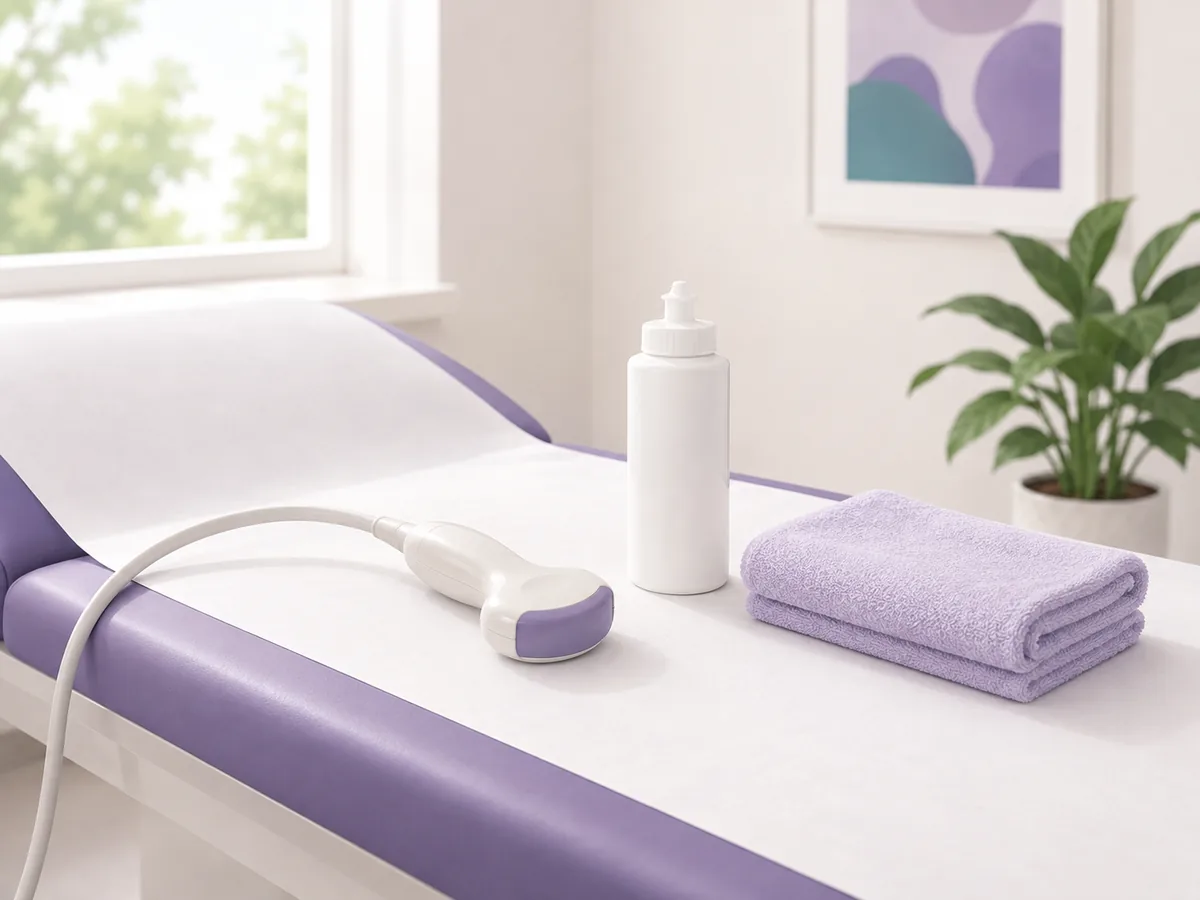 An examination couch laid out with an ultrasound probe, gel and a towel before a scan-guided biopsy