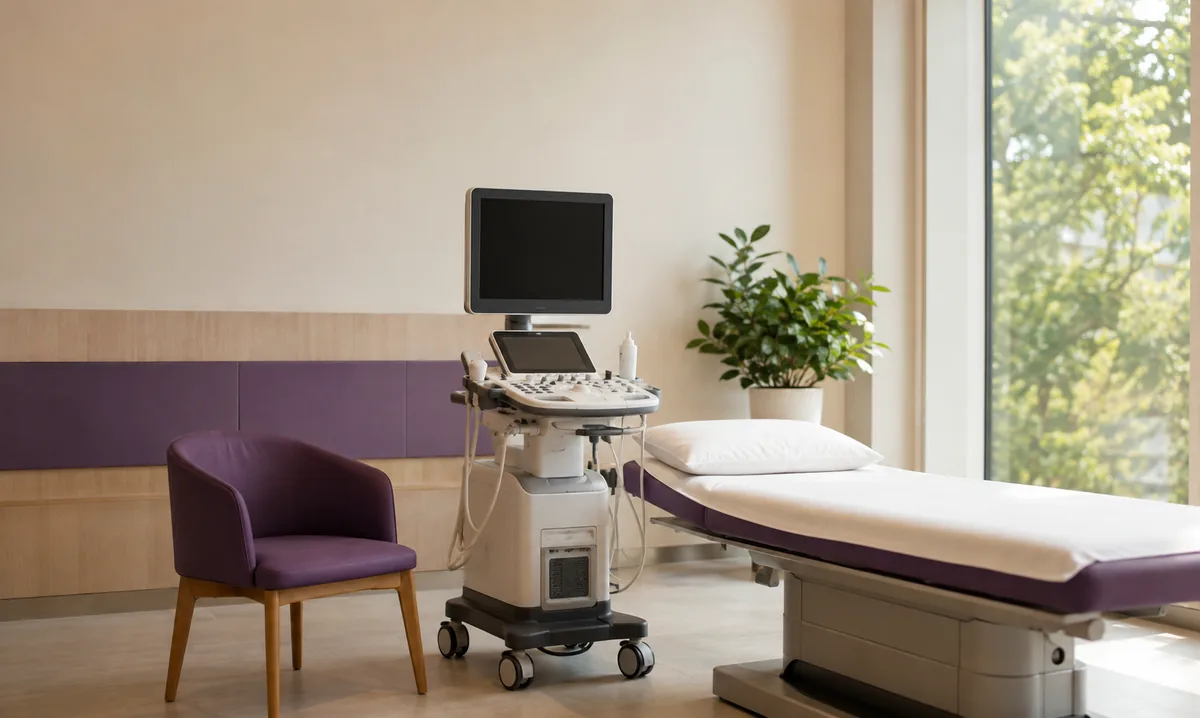 An ultrasound machine beside an examination couch in a CION consulting room in Hyderabad, where ultrasound-guided biopsies are done as day care