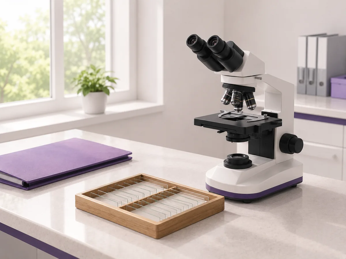 A microscope and a tray of slides on a pathology bench, where a pathologist reads the biopsy sample