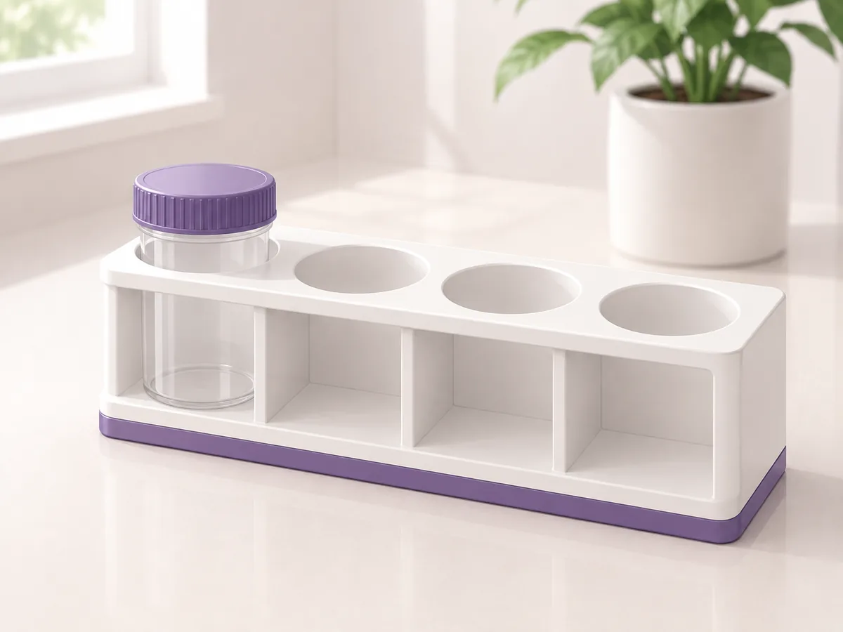 A labelled specimen container in a rack, the single sample a scan-guided biopsy aims to get on the first attempt