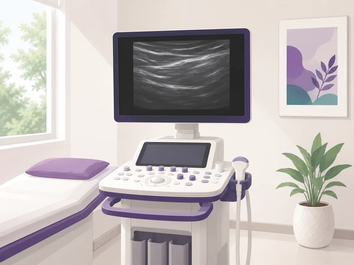 An ultrasound screen showing the live picture the operator watches while the needle is going in