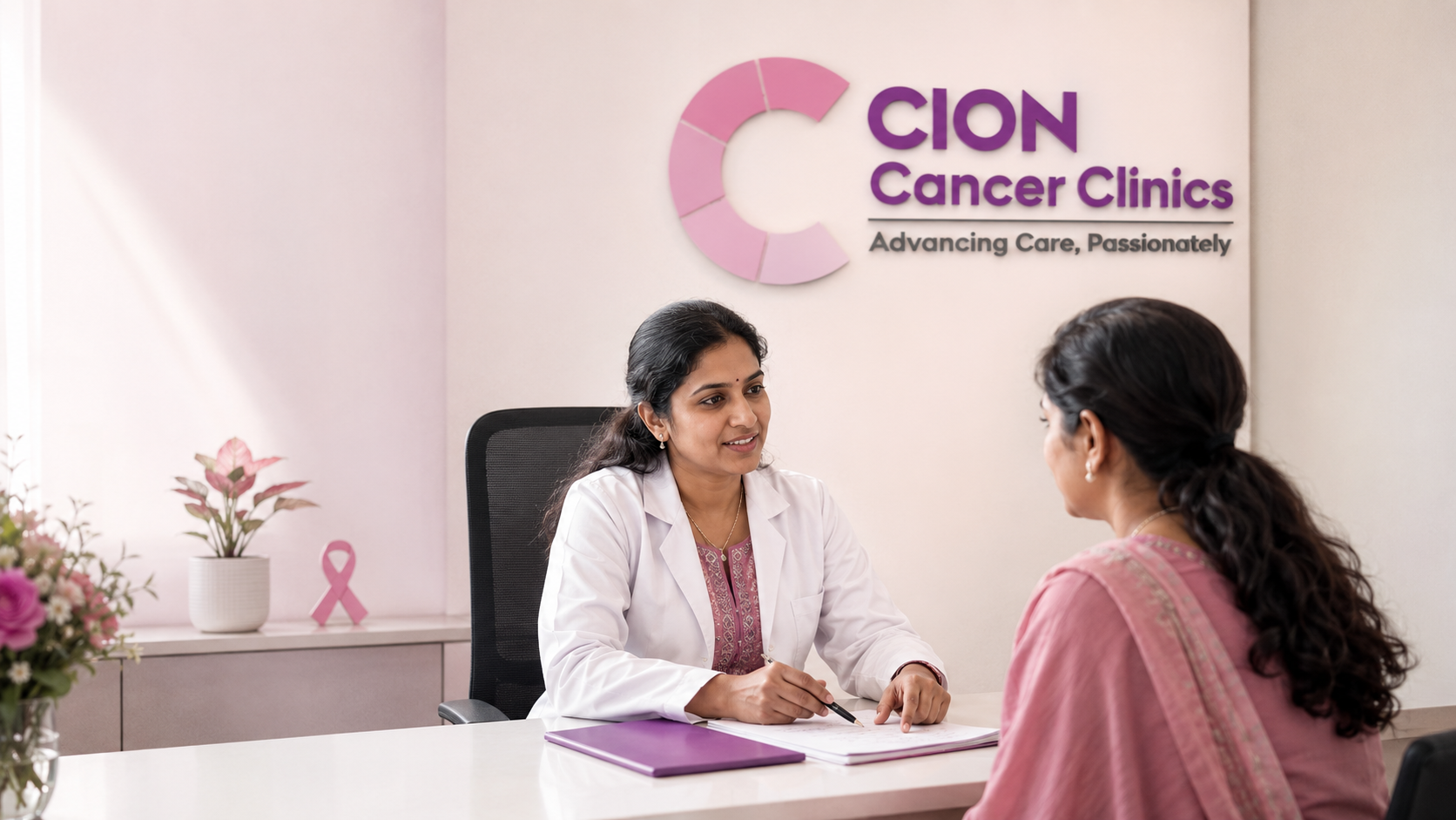 A CION Cancer Clinics breast specialist in Hyderabad discussing a patient's scan and report with her during a free, unhurried consultation.