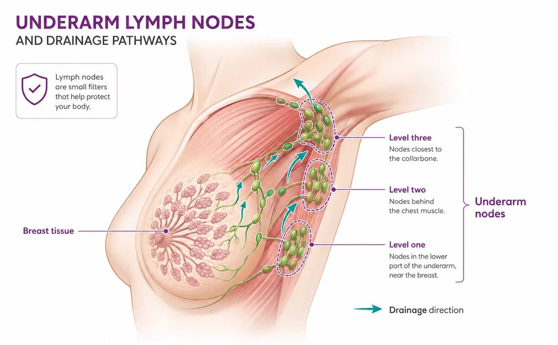 Labelled diagram of the underarm lymph node levels in breast cancer - CION Cancer Clinics