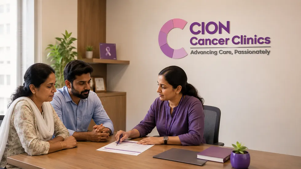 A family going through an itemised surgery estimate with a hospital counsellor - CION Cancer Clinics, Hyderabad