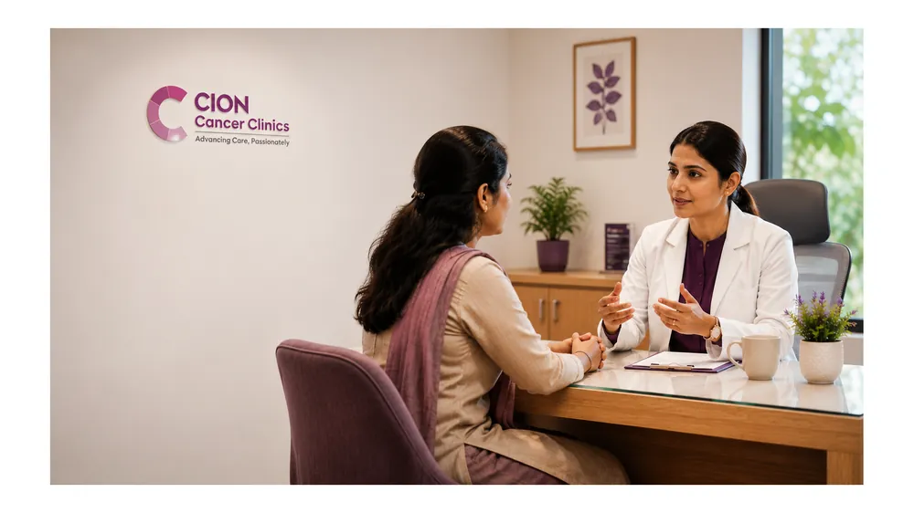 A woman discussing a breast lump with a female doctor - CION Cancer Clinics, Hyderabad