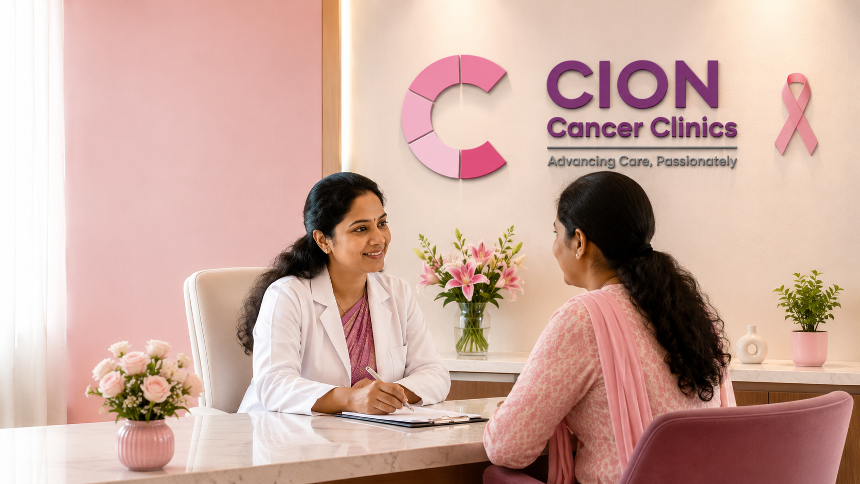 A breast specialist at CION Cancer Clinics in Hyderabad reviewing a patient's FNAC report during a free, doctor-led consultation