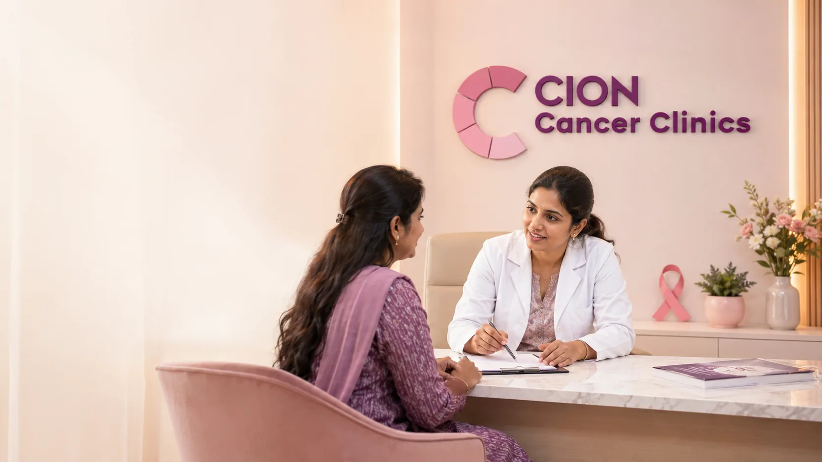 A CION Cancer Clinics medical oncologist in Hyderabad discussing pembrolizumab (Keytruda) immunotherapy and PD-L1 results with a triple-negative breast cancer patient during a free consultation