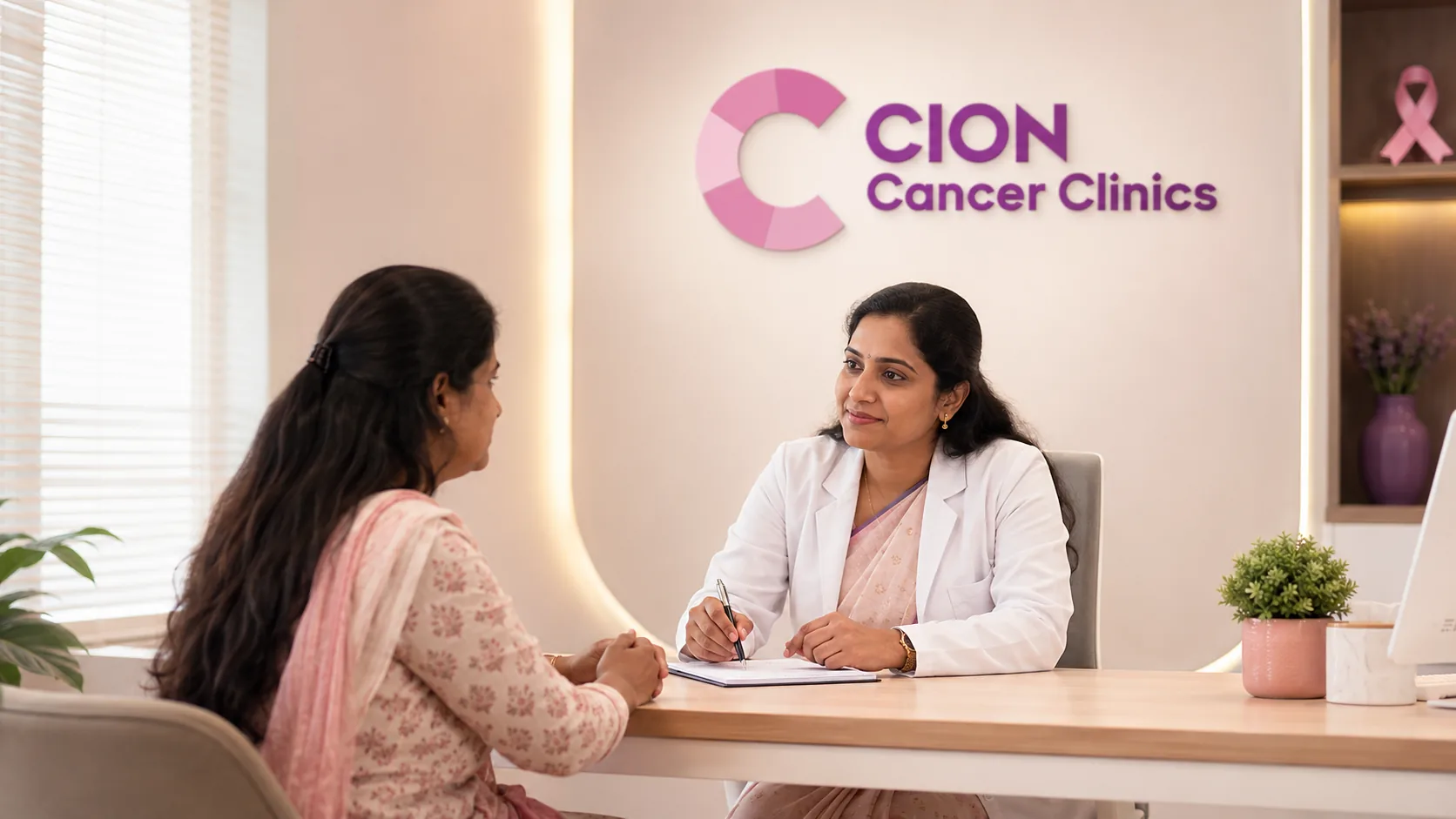 A CION Cancer Clinics surgical oncologist discussing a breast cancer surgery plan with a woman patient during a free consultation in Hyderabad