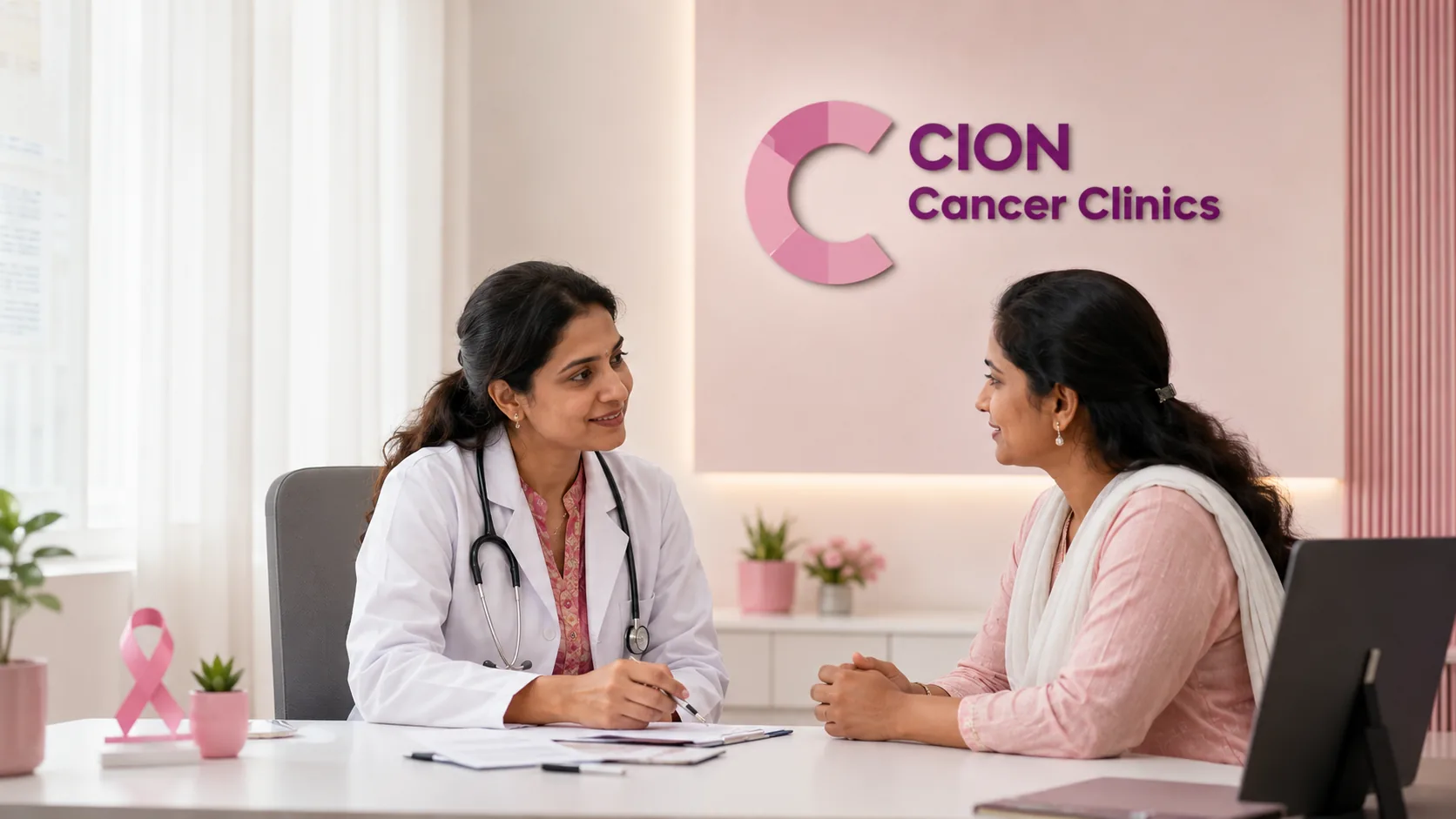 A CION Cancer Clinics breast oncologist in Hyderabad discussing a patient's tamoxifen hormone-therapy plan with her during a free, unhurried consultation