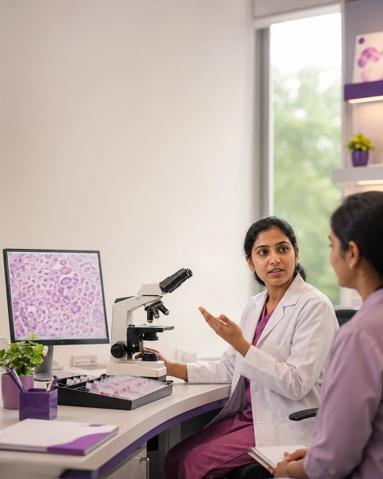 A pathologist examining breast tissue to determine tumour grade - CION Cancer Clinics, Hyderabad