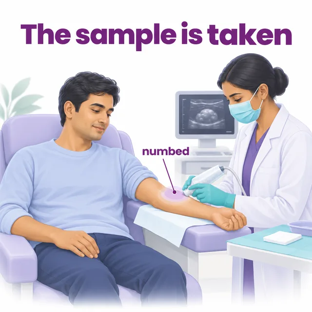 Illustration of a biopsy being taken under local anaesthesia with the area numbed - CION Cancer Clinics