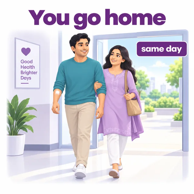 Illustration of a patient going home the same day after a day-care biopsy - CION Cancer Clinics
