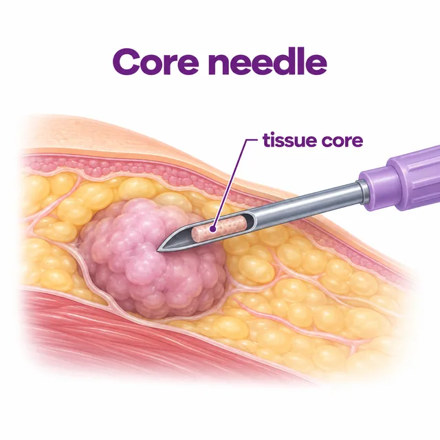 Diagram of a core needle biopsy removing a small cylinder of tissue - CION Cancer Clinics