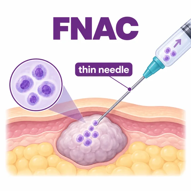 Diagram of fine needle aspiration drawing cells from a lump with a thin needle - CION Cancer Clinics