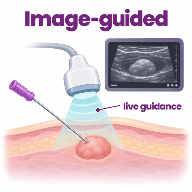 Diagram of an image-guided biopsy where a scanner steers the needle to a deep target - CION Cancer Clinics