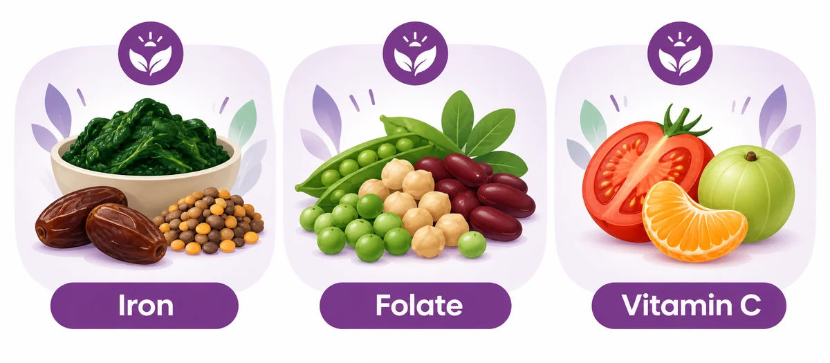 Diagram of iron, folate and vitamin C foods that support blood counts - CION Cancer Clinics