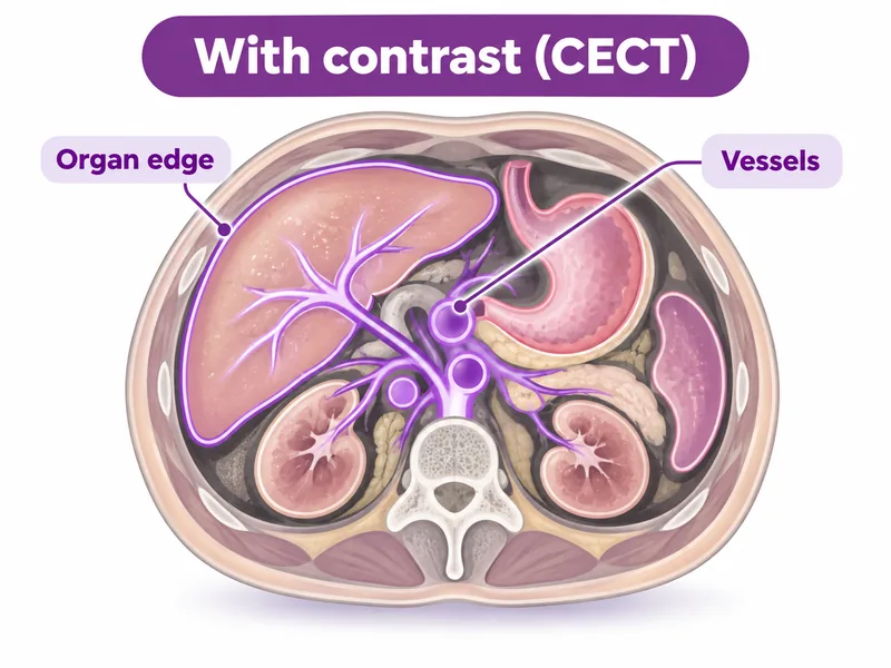 Diagram of a contrast-enhanced CT slice where vessels and organ edges stand out - CION Cancer Clinics