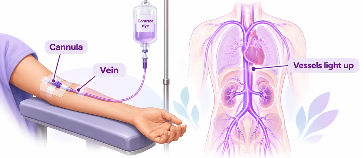 Diagram of CT contrast given into a vein in the arm - CION Cancer Clinics