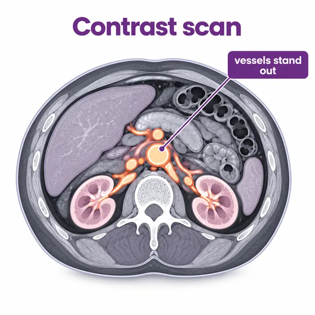 Diagram of a contrast CT scan slice where dye makes blood vessels and soft tissues stand out clearly - CION Cancer Clinics