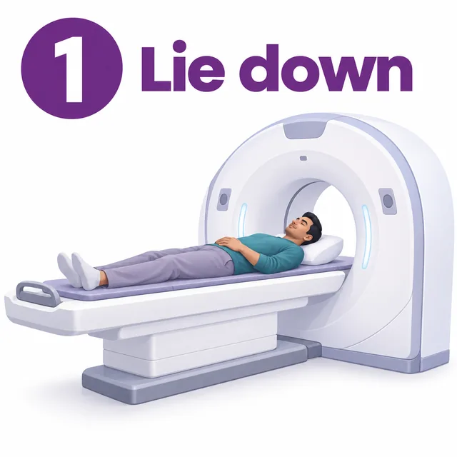 Illustration of a patient lying comfortably on the motorised table before a CT scan - CION Cancer Clinics