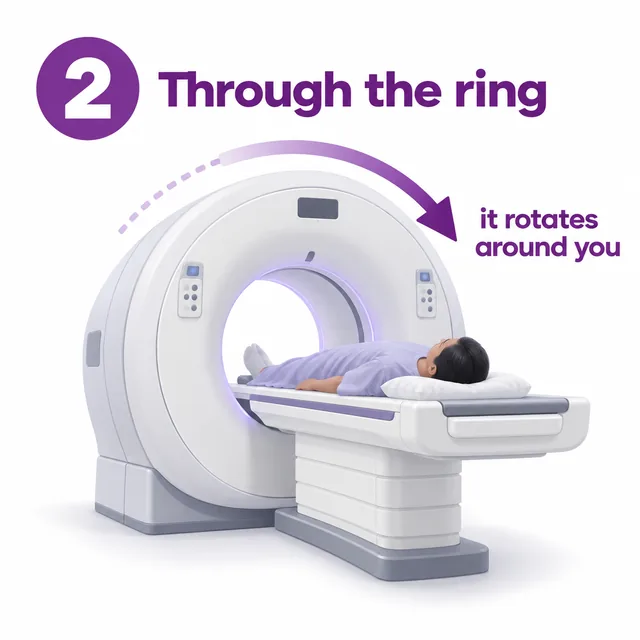 Illustration of the scanner table moving through the CT ring while the X-ray system rotates - CION Cancer Clinics