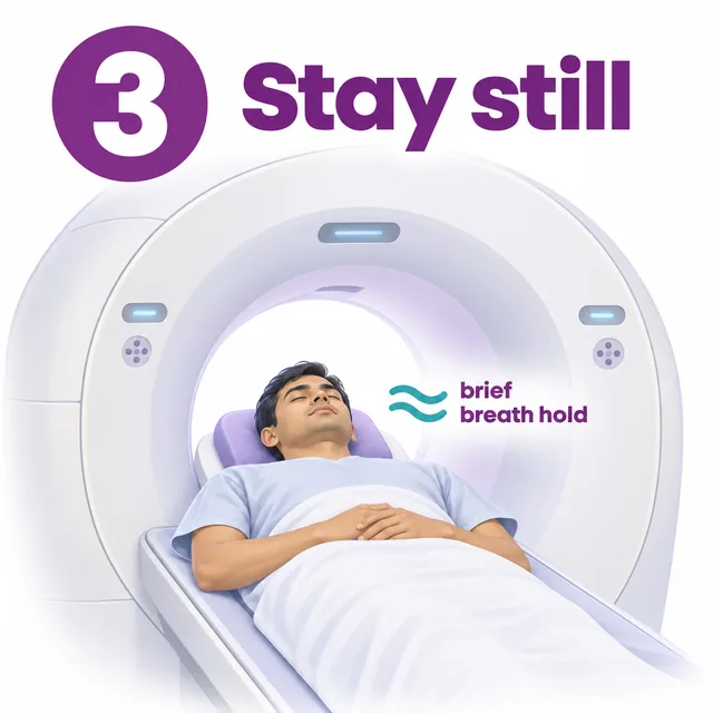 Illustration of a patient staying still inside the CT scanner during a brief breath hold - CION Cancer Clinics