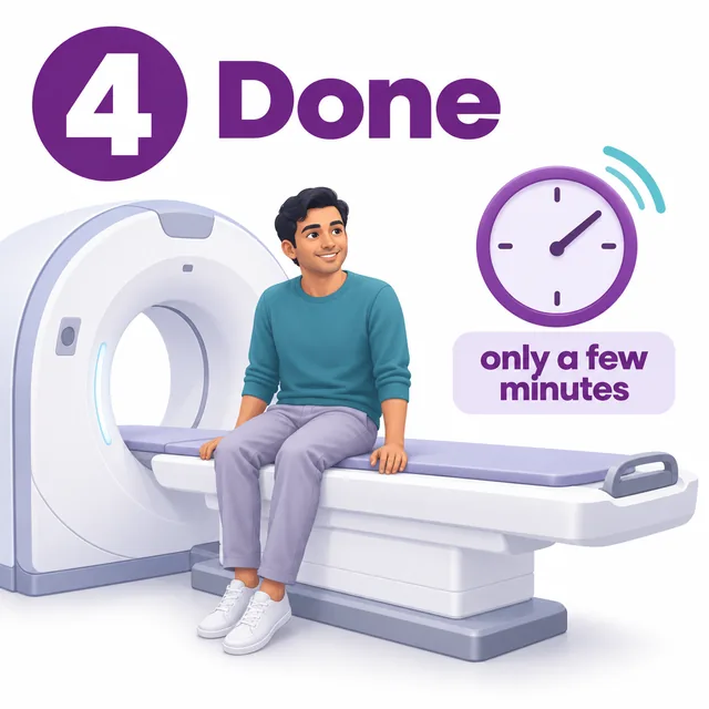 Illustration of a patient sitting up after a CT scan that took only a few minutes - CION Cancer Clinics