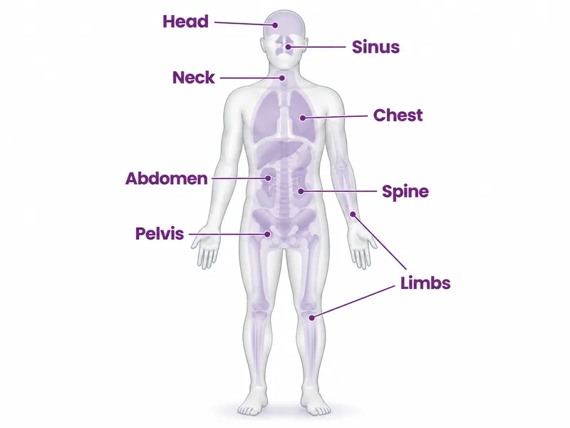 Labelled body diagram showing the regions a CT scan can cover, from head and sinus to abdomen, spine and limbs - CION Cancer Clinics