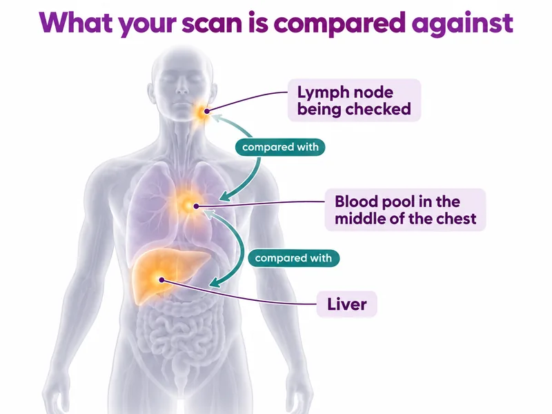 Body outline showing a lymph node compared with the chest blood pool and the liver on a PET scan - CION Cancer Clinics