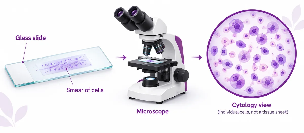 Breast cells spread on a glass slide and read under a microscope - CION Cancer Clinics