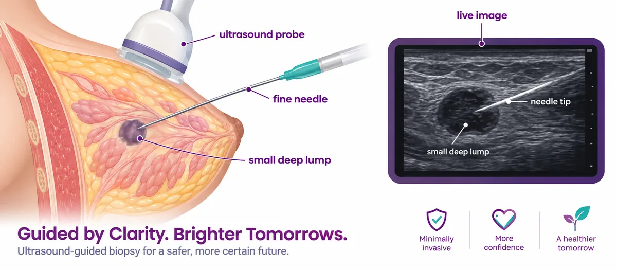 Ultrasound probe guiding the fine needle to a small deep breast lump - CION Cancer Clinics