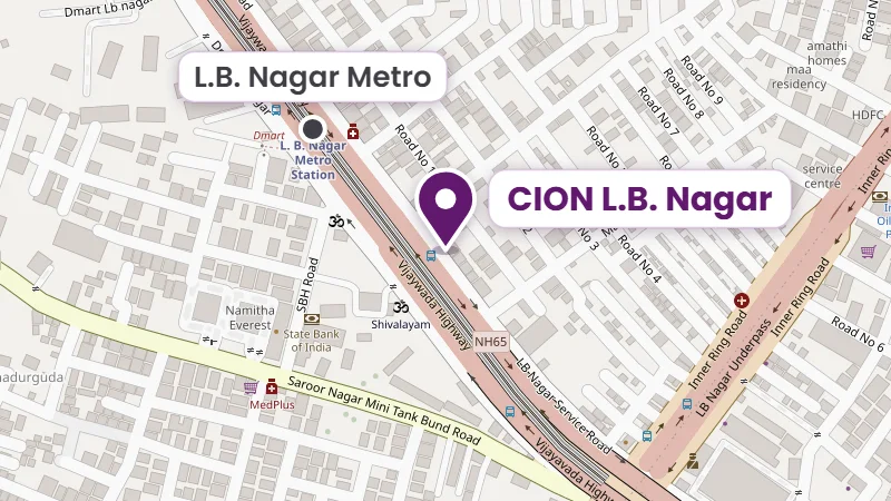 Map of CION Cancer Clinics, L.B. Nagar, on the Vijayawada Highway beside L.B. Nagar Metro Station